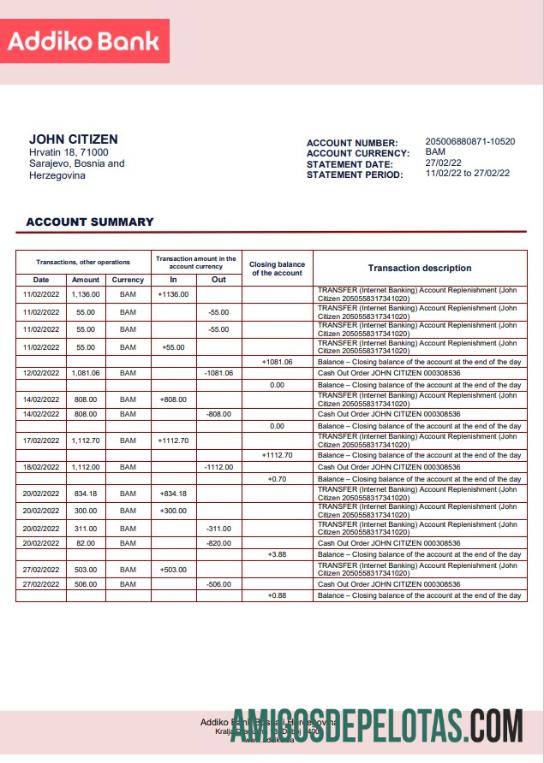 Modelo de extrato bancário Addiko da Bósnia e Herzegovina